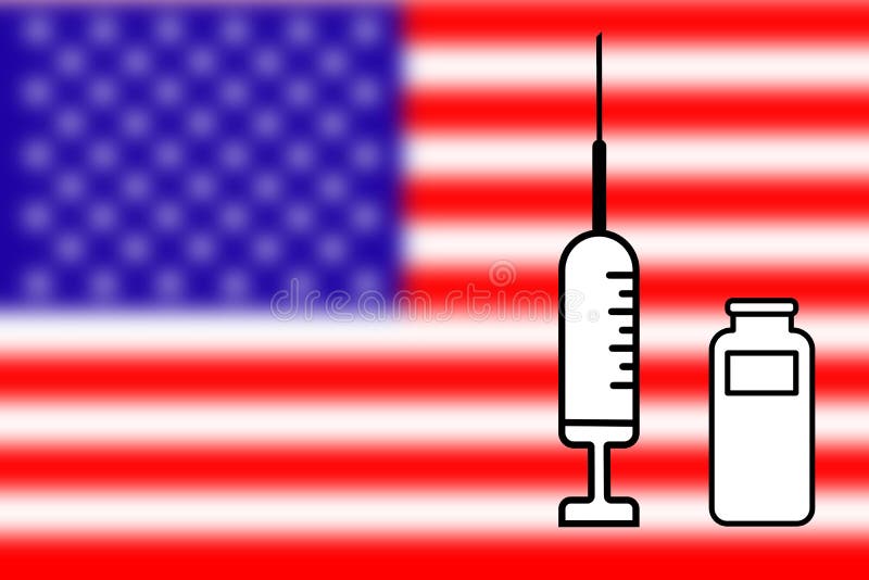 Impfstoff. Gestaltung eines Impfstoffes mit der Durchstechflasche und der Flagge der Vereinigten Staaten im Hintergrund. Horizonta vektor abbildung