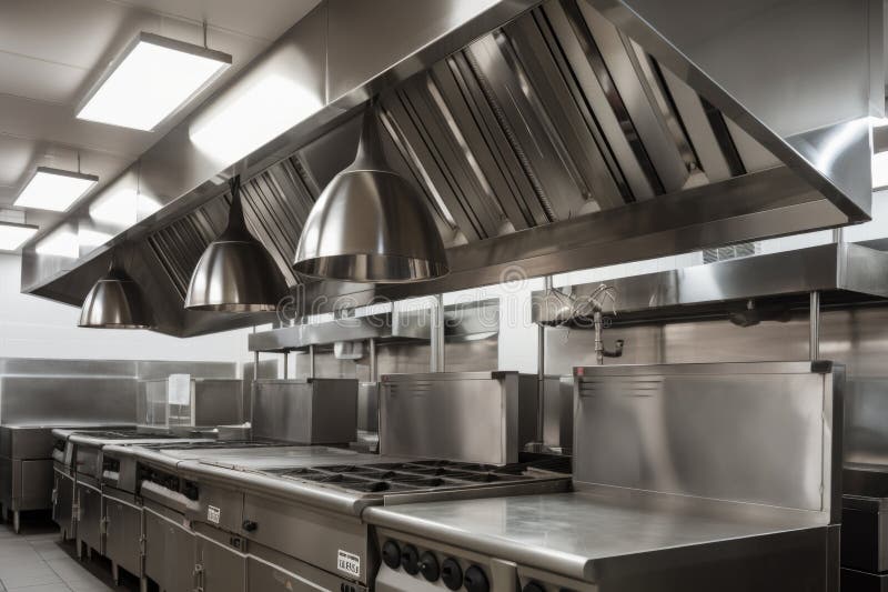 ventilation and exhaust system in commercial kitchen, with hoods above cooking stations and vents in ceiling, created with generative ai. ventilation and exhaust system in commercial kitchen, with hoods above cooking stations and vents in ceiling, created with generative ai