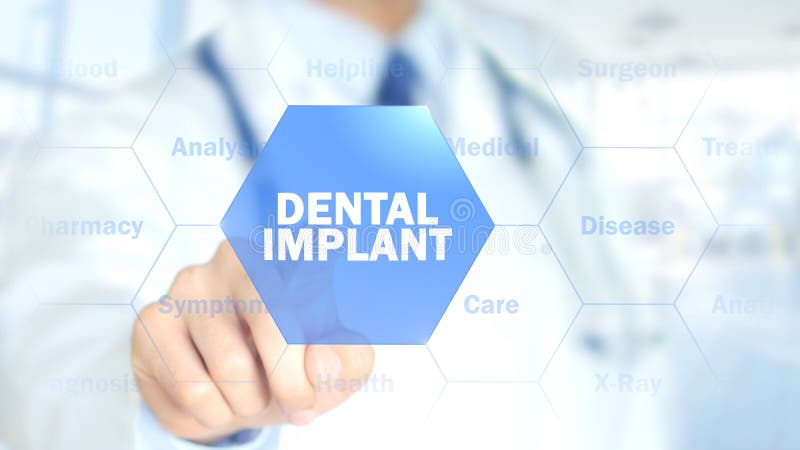 Impianto dentario, medico che lavora all'interfaccia olografica, grafici di moto fotografie stock Impianto dentario, medico che lavora all'interfaccia olografica, grafici di moto fotografie stock