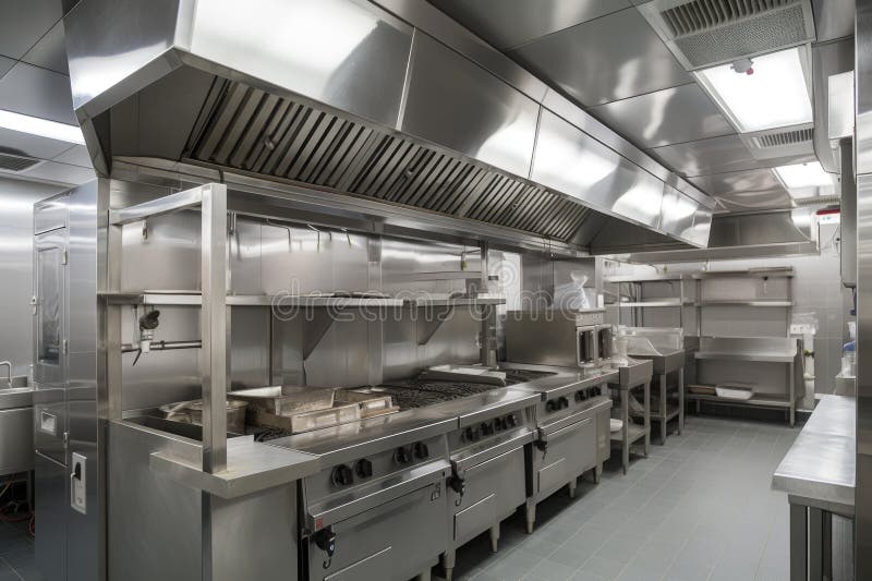 ventilation and exhaust system in commercial kitchen, with hoods above cooking appliances, created with generative ai. ventilation and exhaust system in commercial kitchen, with hoods above cooking appliances, created with generative ai