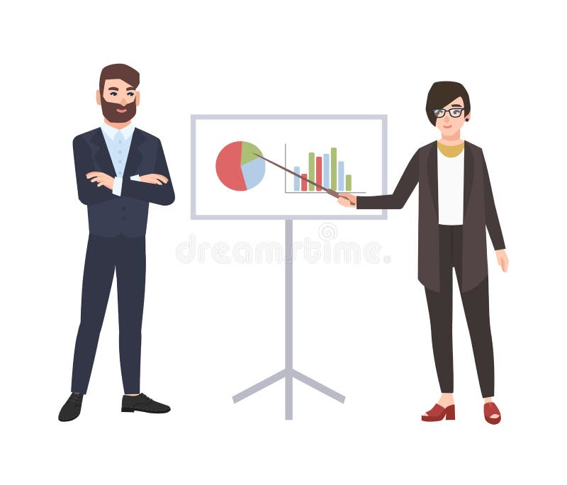 Impiegato di concetto femminile che fa presentazione davanti all'uomo Riunione d'affari, addestramento, imparante Personaggi dei illustrazione di stock Impiegato di concetto femminile che fa presentazione davanti all'uomo Riunione d'affari, addestramento, imparante Personaggi dei illustrazione di stock