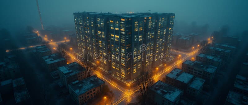 Imponente edificio sovietera iluminando noche de niebla en vilnius lithuania. Vista aérea de un gran edificio residencial resplandeciente en la noche nublada en vilnius lithuania rodeado de pequeños edificios y calles iluminadas. generado por ai