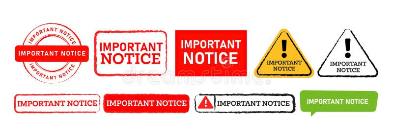 Important notice rectangle square circle stamp and speech bubble sign for essential information royalty free illustration
