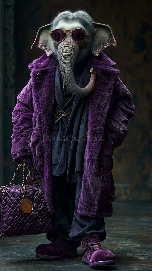 Elegant anthropomorphic elephant in luxurious pink fur coat royalty free illustration