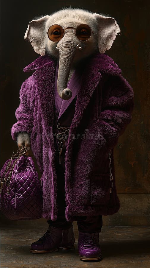 Elegant anthropomorphic elephant in luxurious pink fur coat stock illustration