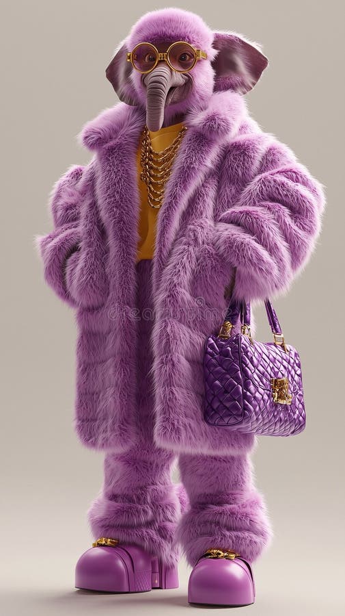 Elegant anthropomorphic elephant in luxurious pink fur coat stock illustration