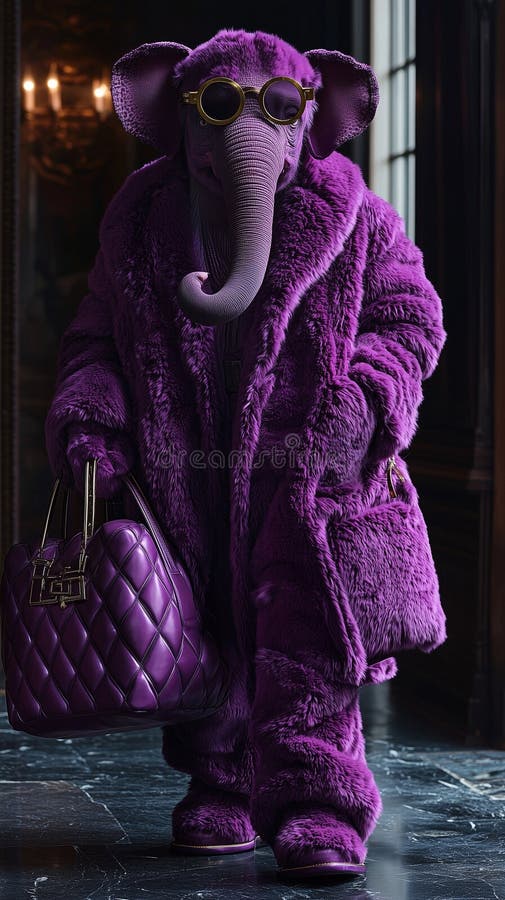 Elegant anthropomorphic elephant in luxurious pink fur coat stock illustration