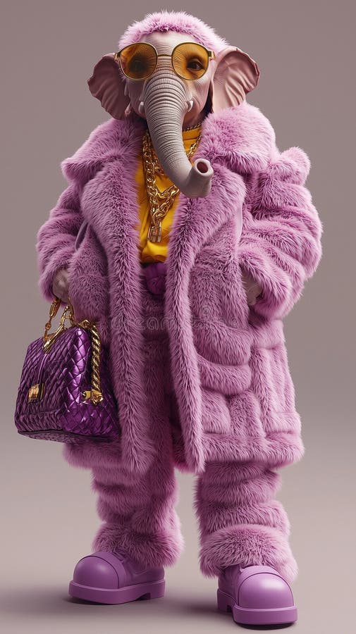 Elegant anthropomorphic elephant in luxurious pink fur coat vector illustration