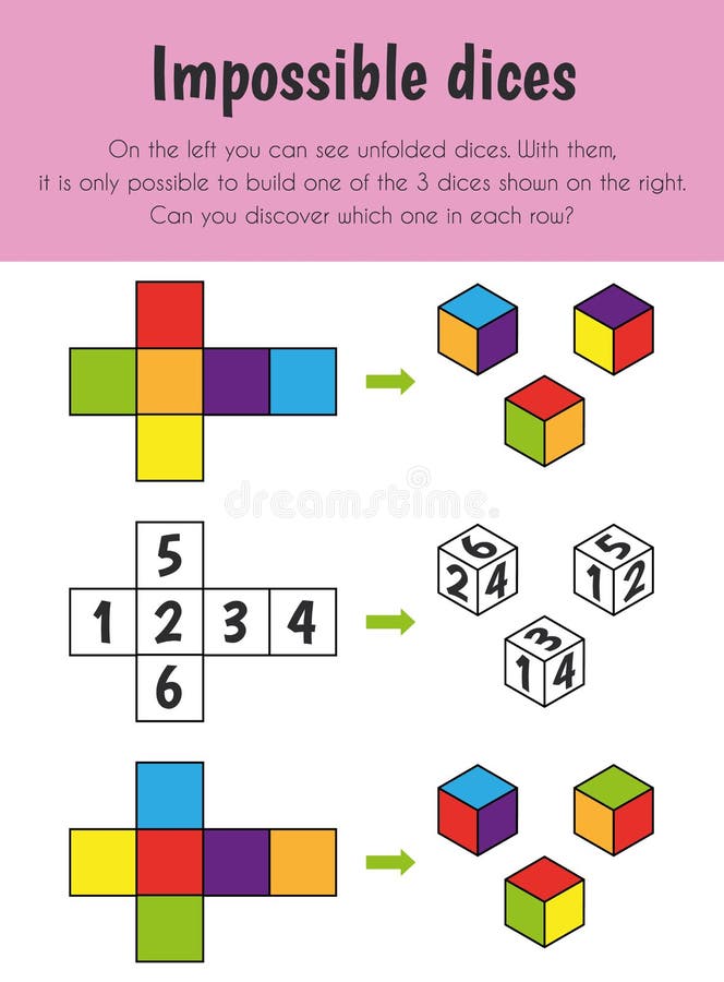 Impossible dices Educational Sheet. Primary module for Logic Reasoning. 5-6 years old stock illustration Impossible dices Educational Sheet. Primary module for Logic Reasoning. 5-6 years old stock illustration