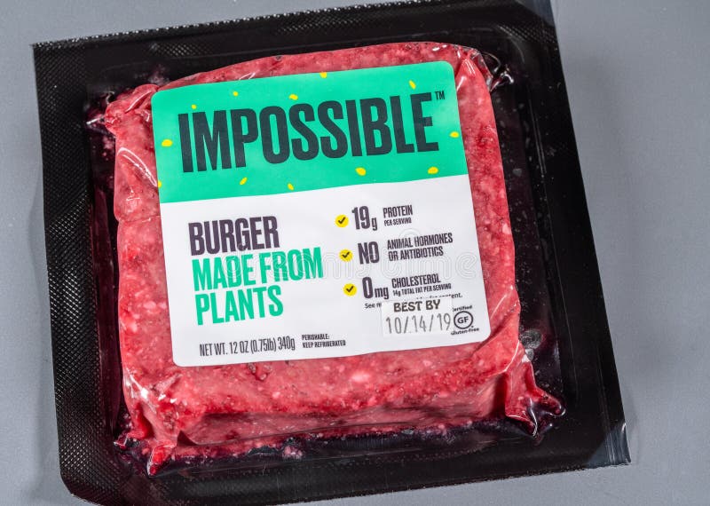 Impossible plant based burger package of three patties stock photos