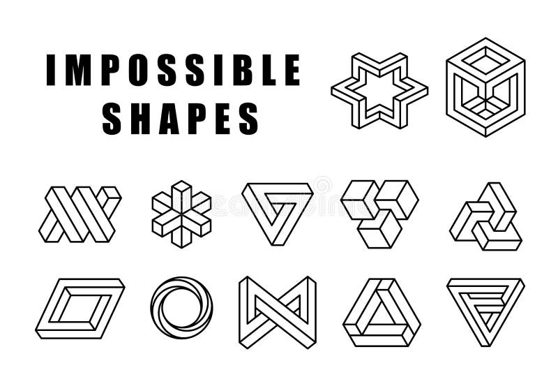 Impossible shapes vector set. Optical illusion symbols vector set. Type of unreal geometry, reality trick, fascinating