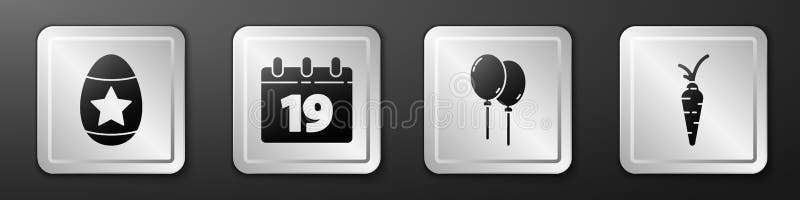 Impostare il calendario pasquale delle uova con palloncini pasquali felici con nastro d'inchiostro e icona della carota. pulsante illustrazione vettoriale