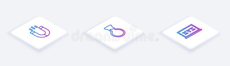Impostare il tubo di prova del magnete della linea isometrica e il matraccio e il sistema di coordinate xisometrico. pulsante quad illustrazione vettoriale