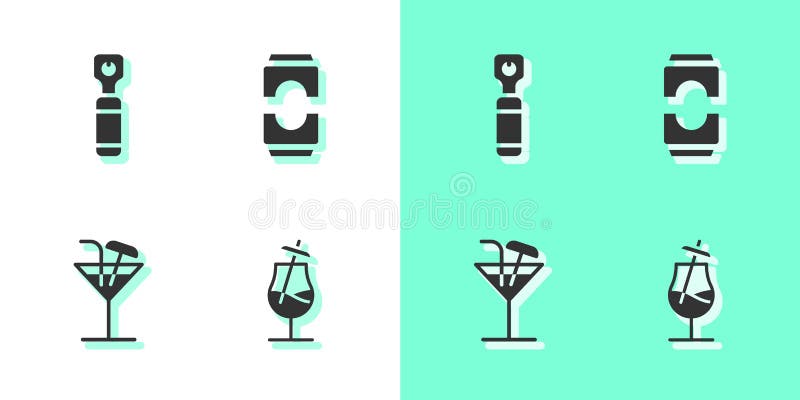 Set Cocktail, Bottle opener, and Beer can icon. Vector. Set Cocktail, Bottle opener, and Beer can icon. Vector.