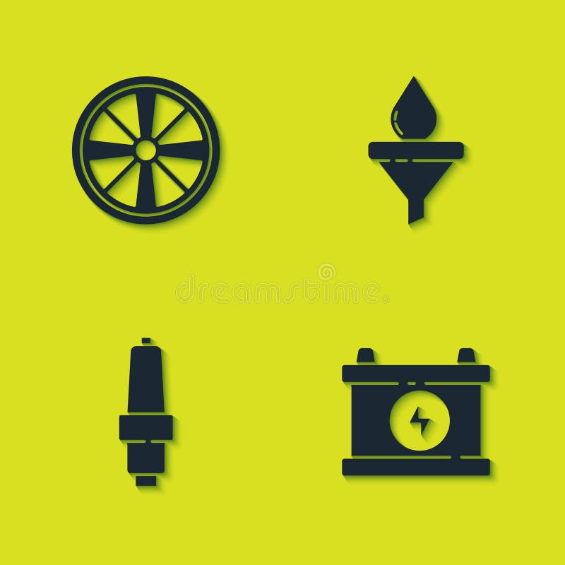 Set Alloy wheel, Car battery, spark plug and Funnel and oil drop icon. Vector. Set Alloy wheel, Car battery, spark plug and Funnel and oil drop icon. Vector.