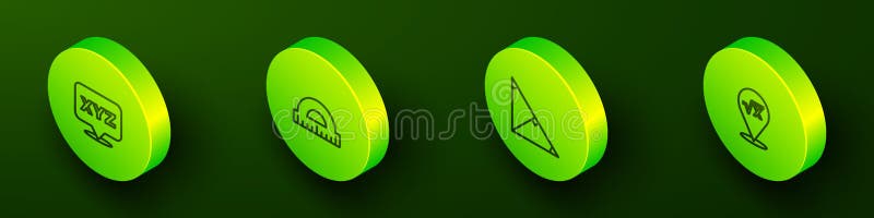 Impostare la linea isometrica xisz del sistema di coordinate bordatore dell'angolo del protrattore triangolo e dell'icona del glif illustrazione di stock