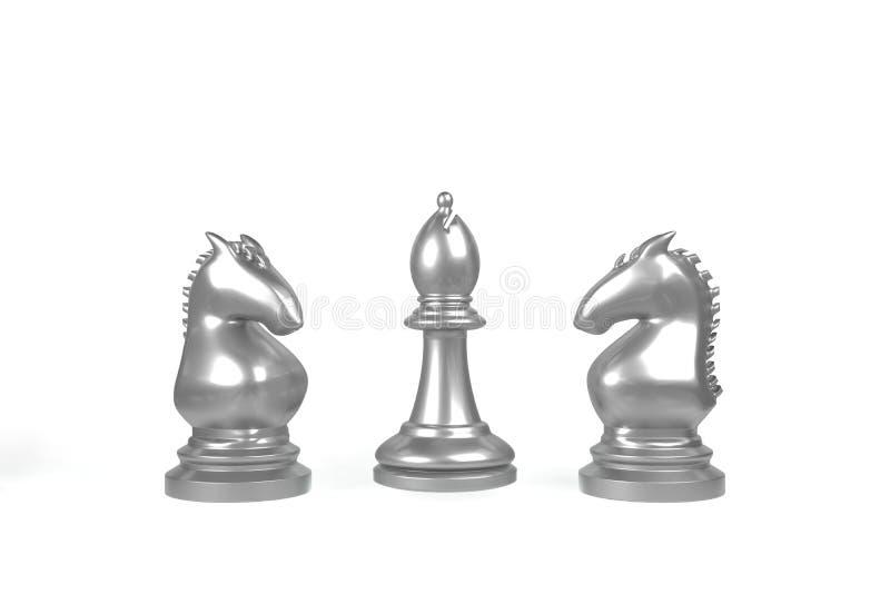 Set of chess checkmate concept .3D rendering illustration of silver metallic chess figures with major and minor pieces isolated on white background . High resolution 3D render image. Set of chess checkmate concept .3D rendering illustration of silver metallic chess figures with major and minor pieces isolated on white background . High resolution 3D render image