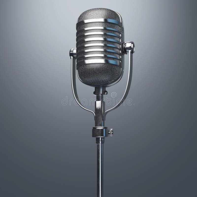 Impostazione dell'audio nostalgico 3d rendering del microfono dell'argento retrò su grigio illustrazione di stock