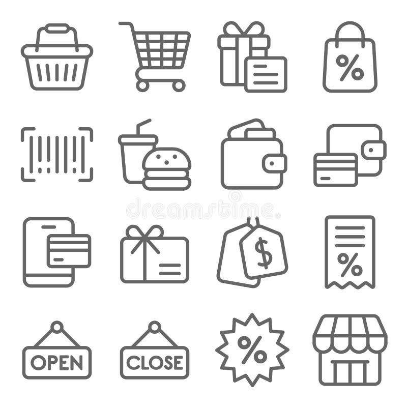 Impostazione icona linea vettoriale acquisto Contiene icone quali Wallet, Basket, Cart, Barcode, Bill e altro ancora Tratto espan