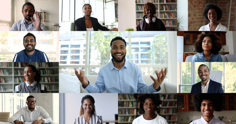Imprenditore africano guida le negoziazioni online, video di collage immagini stock libere da diritti