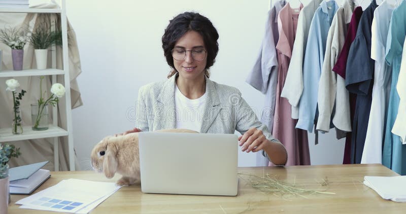 Imprenditrice creativa felice che lavora sul computer portatile e gioca con coniglio.