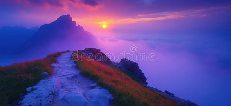 Impresionante amanecer sobre las montañas brumosas con colores vibrantes y sendero pintoresco imagen de archivo libre de regalías