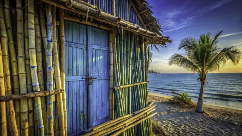 Impresionante escena costera en una serena choza de playa con un muro de bambú en el impresionante paisaje de Koh Phangan en Taila libre illustration