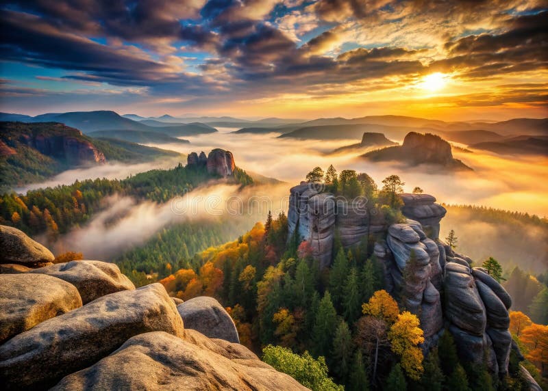 Impresionante Misty Peaks Una majestuosa fotografía paisajística de las Montañas Rocosas que desvela valles ocultos y libre illustration