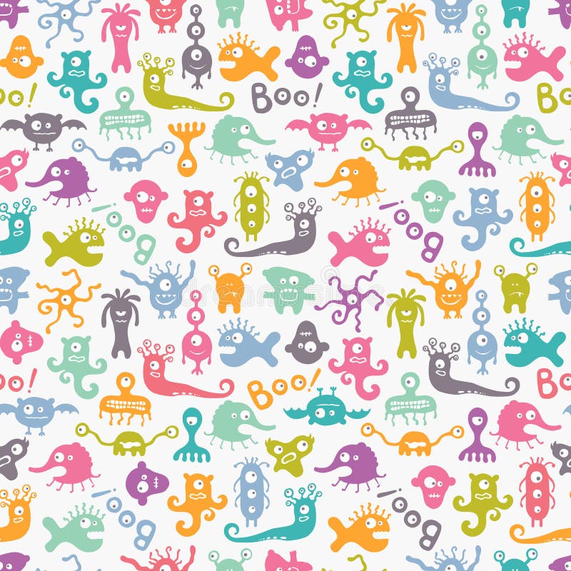 Impresión colorida inconsútil con los monstruos divertidos stock de ilustración Impresión colorida inconsútil con los monstruos divertidos stock de ilustración