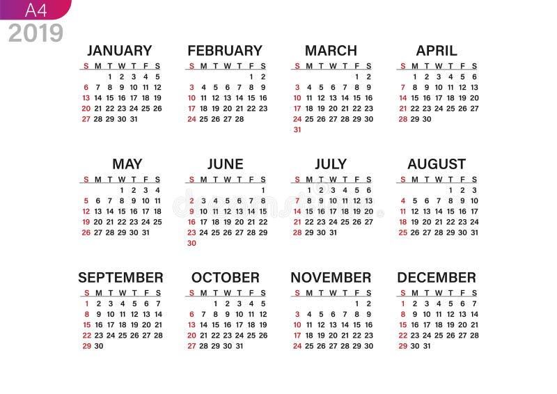 Impresión del calendario para 2019 ilustración del vector Impresión del calendario para 2019 ilustración del vector