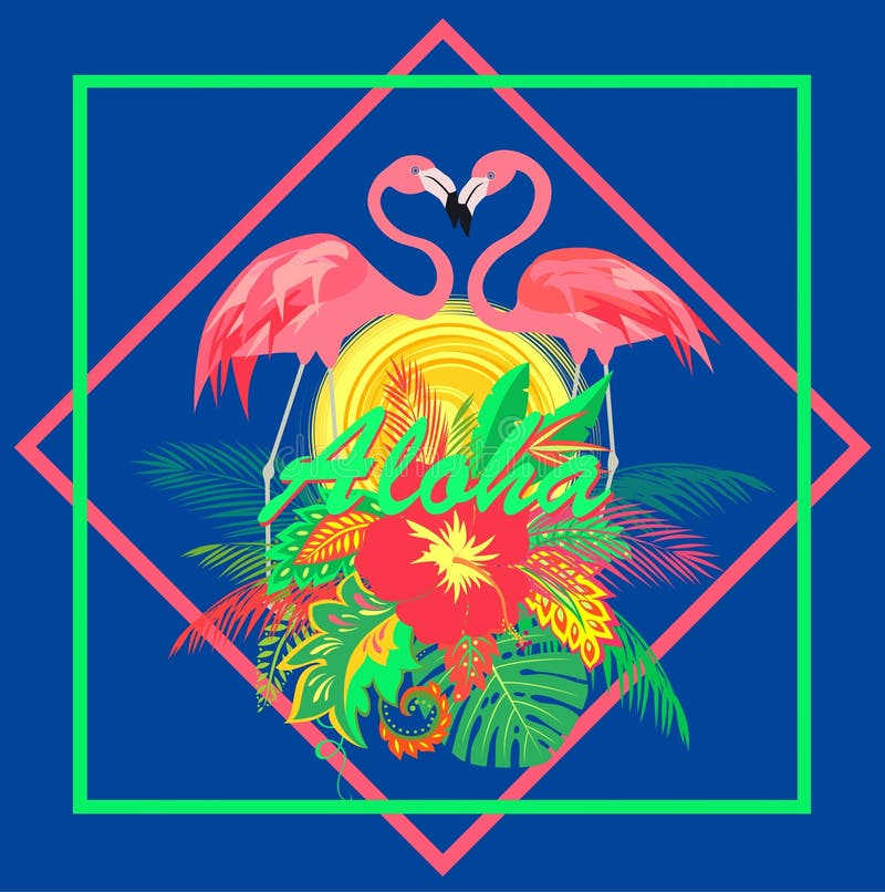 Impresión hawaiana floral tropical de la camiseta con el sol y pares de flamenco rosado lindo en fondo azul libre illustration Impresión hawaiana floral tropical de la camiseta con el sol y pares de flamenco rosado lindo en fondo azul libre illustration