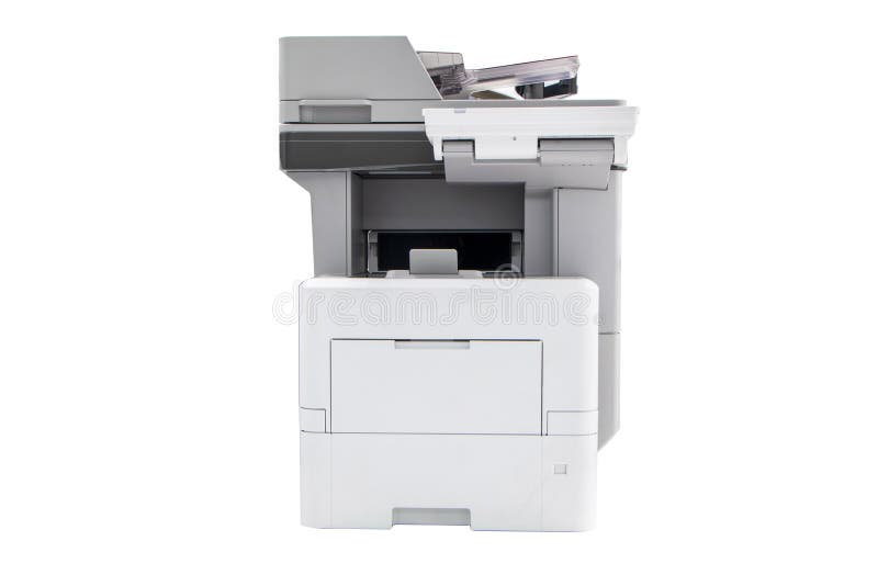 Front Photocopier, network printer is office worker tool equipment scanning copy paper xerox photocopy. Isolated on white background. Jet Printer with Copier, Fax and Scanner. Office Printing Appliances. Front Photocopier, network printer is office worker tool equipment scanning copy paper xerox photocopy. Isolated on white background. Jet Printer with Copier, Fax and Scanner. Office Printing Appliances.