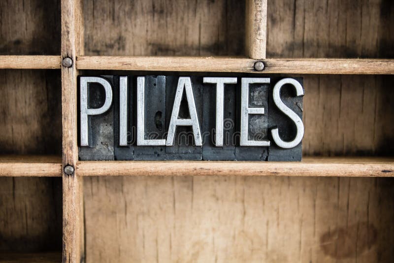Impression typographique Word en métal de concept de Pilates dans le tiroir photos libres de droits