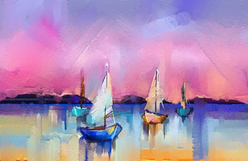 Impressionism image of seascape paintings with sunlight background. Modern art oil paintings with boat, sail on sea.