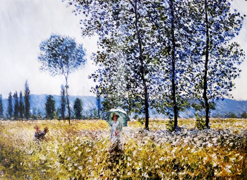 the image describes the impressionist style painting titled fields in spring by claude monet. the image describes the impressionist style painting titled fields in spring by claude monet