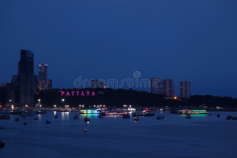 Impressive Aerial View of Light-up Pattaya Beach Coastline at Night, Pattaya City, Thailand stock image Impressive Aerial View of Light-up Pattaya Beach Coastline at Night, Pattaya City, Thailand stock image