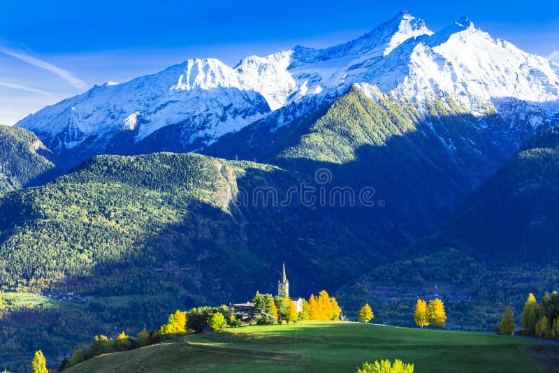 Wonderful nature of northern Italy. Beautiful Valle d`Aosta ,surrounded by Alps mountains