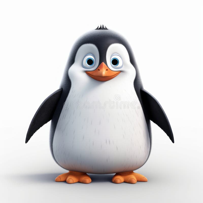 Tiny cute adorable pinguin standing on snow, intricate details. Cartoon big  eyed close up portrait. Soft cinematic lighting, animation style character,  anime style, 3d illustration. Illustration Stock