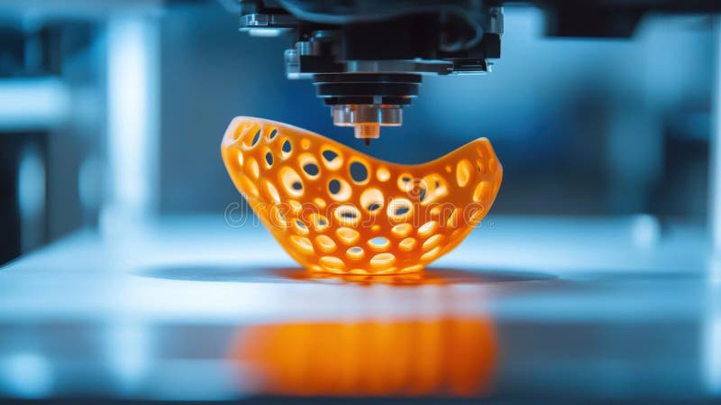 Imprimantă 3d care creează un obiect portocaliu complex în setarea de laborator vector illustration
