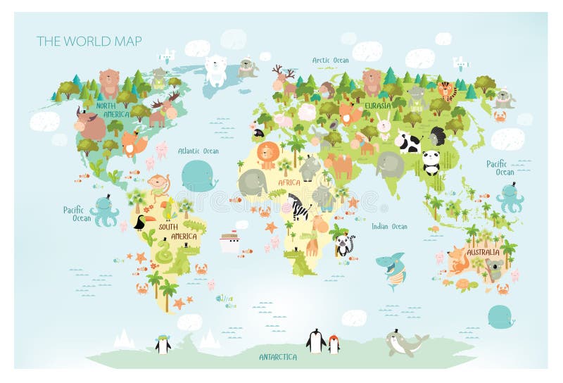 Imprimer Carte vectorielle du monde avec des animaux dessinés pour les enfants Europe, Asie, Amérique du Sud, Amérique du Nord, A illustration de vecteur
