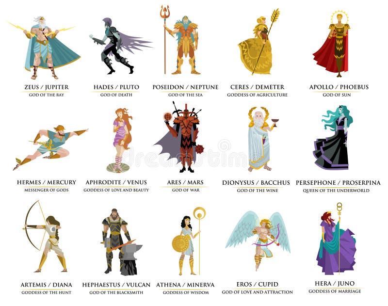 Les 12 Dieux Romains Et Leurs Attributs Olympian Roman and Greek Mythology Gods Stock Vector - Illustration of