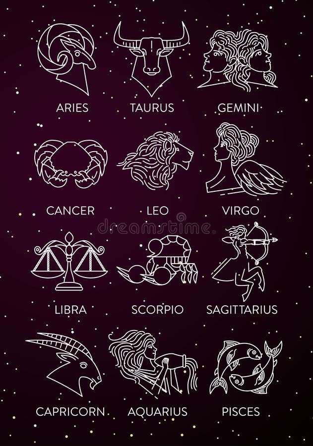 Twelve Zodiac Signs Flat Cartoon Vector Illustrations Set Celestial ...