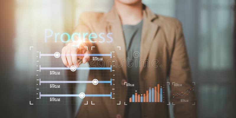 Improvement and development from indicators to develop towards goal ,tracking progress and managing work, Project development and royalty free illustration