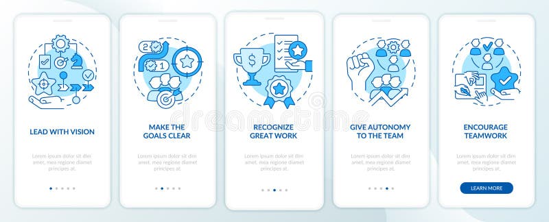 Improving employee wellness blue onboarding mobile app screen. Walkthrough 5 steps graphic instructions pages with linear concepts. UI, UX, GUI template. Myriad Pro-Bold, Regular fonts used. Employee wellness vectors
