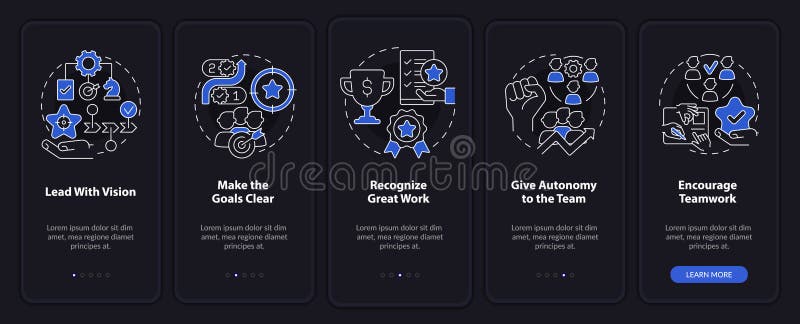 Improving employee wellness night mode onboarding mobile app screen. Walkthrough 5 steps graphic instructions pages with linear concepts. UI, UX, GUI template. Myriad Pro-Bold, Regular fonts used. Employee wellness vectors