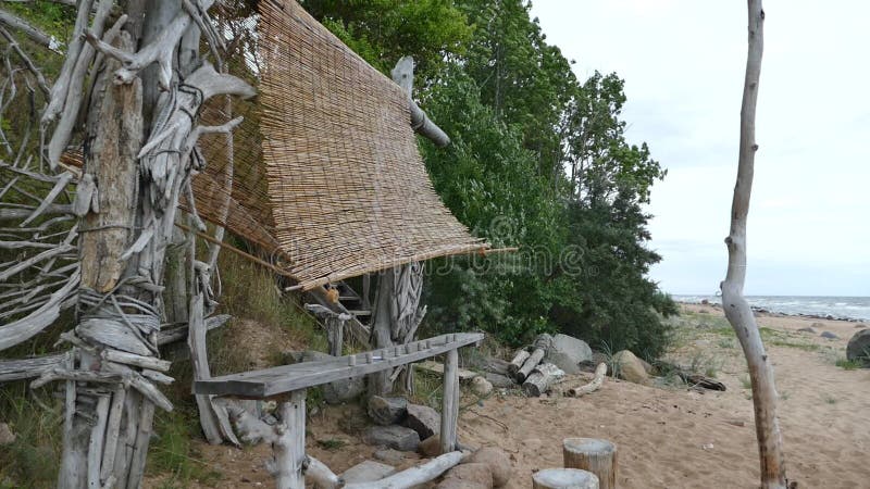 Improvised driftwood Beach shelter hut