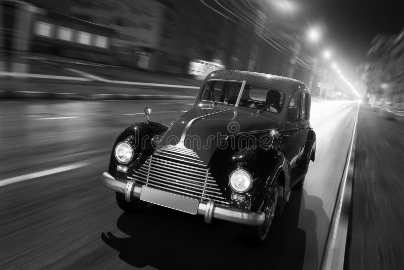 Impulsión rápida del coche retro viejo en el camino de ciudad del asfalto en la noche fotografía de archivo Impulsión rápida del coche retro viejo en el camino de ciudad del asfalto en la noche fotografía de archivo