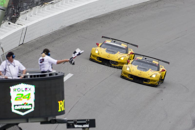 Daytona Beach, FL - Jan 31, 2016: It was a one two finish for the Chevrolet Corvettes in their class at the Rolex 24 at Daytona at Daytona International Speedway in Daytona Beach, FL. Daytona Beach, FL - Jan 31, 2016: It was a one two finish for the Chevrolet Corvettes in their class at the Rolex 24 at Daytona at Daytona International Speedway in Daytona Beach, FL.