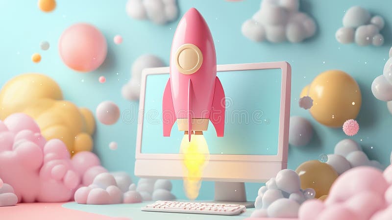 Inaktivering av rosa raketer från Computer Screen Digital Startup Concept vektor illustrationer