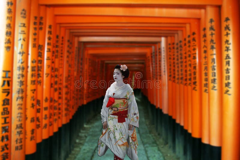 A geisha inside the shintoist temple of inari in japan. A geisha inside the shintoist temple of inari in japan
